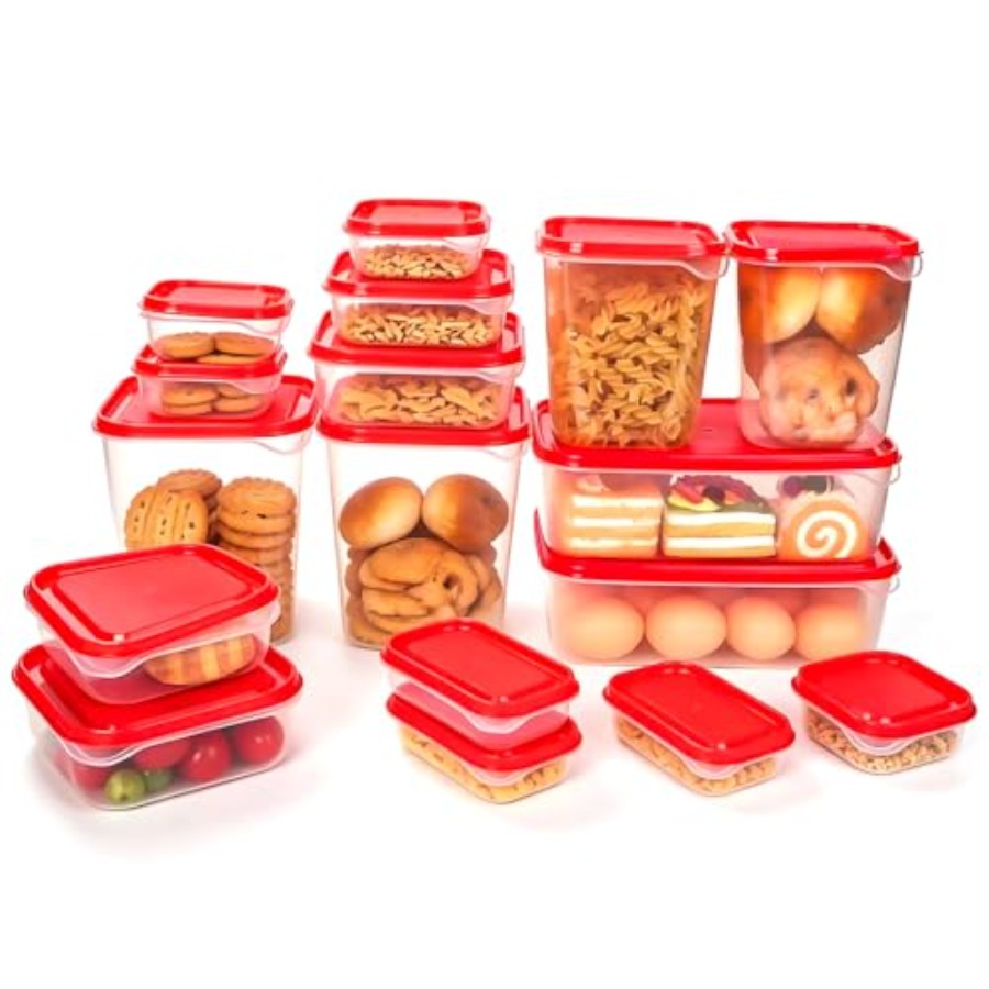 Food Storage Containers - 17個入りプラスチック食品保存容器セット、赤い通気蓋付きBPAフリー、持ち運び可能な食品保存容器、食事の準備、残り物、キット用