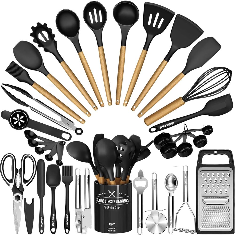 Kitchen Gadgets For Cooking - キッチン用品セット - 34個入りシリコン製調理器具セット、ホルダー付き、耐熱、黒木ハンドル、ガジェットツールセット