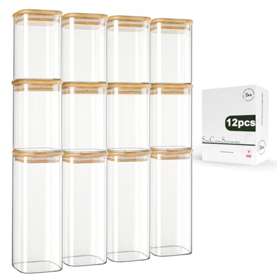 Food Storage Containers - 12個入り正方形ガラス保存瓶 竹製蓋付き 0.6クォート/1.06クォート - パントリー整理用スタッカブル食品容器、コーヒー、食品保存用