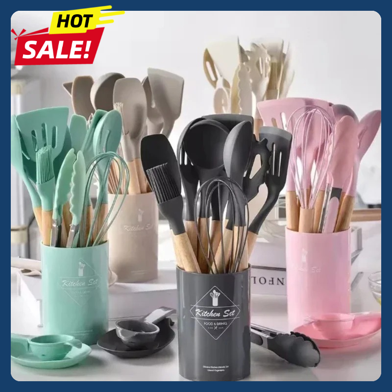 Silicone Spatula Set - 12 個のシリコーン食器セットノンスティック調理器具スパチュラシャベル卵ビーター木製ハンドルキッチン用品家庭用キッチン調理ツール