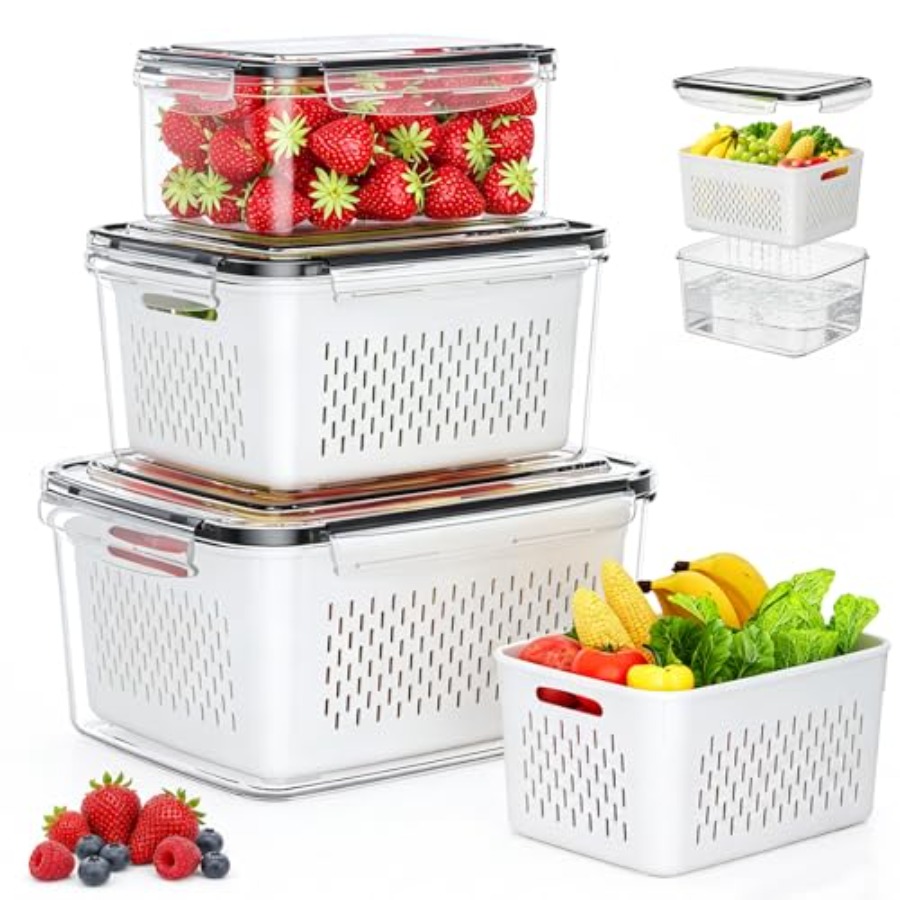 Food Storage Containers - 冷蔵庫用フルーツ保存容器 - 取り外し可能な水切り付き3パックの食品保存容器、漏れ防止食品整理容器