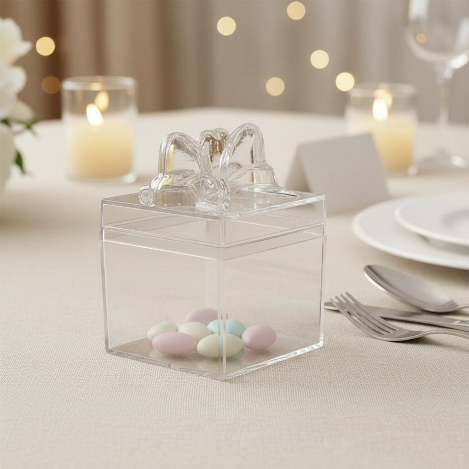 Food Storage Containers - 透明プラスチック製キャンディボックス、リボン付き多目的透明キャンディボックス、ミニキューブ容器、食品グレード、小物収納