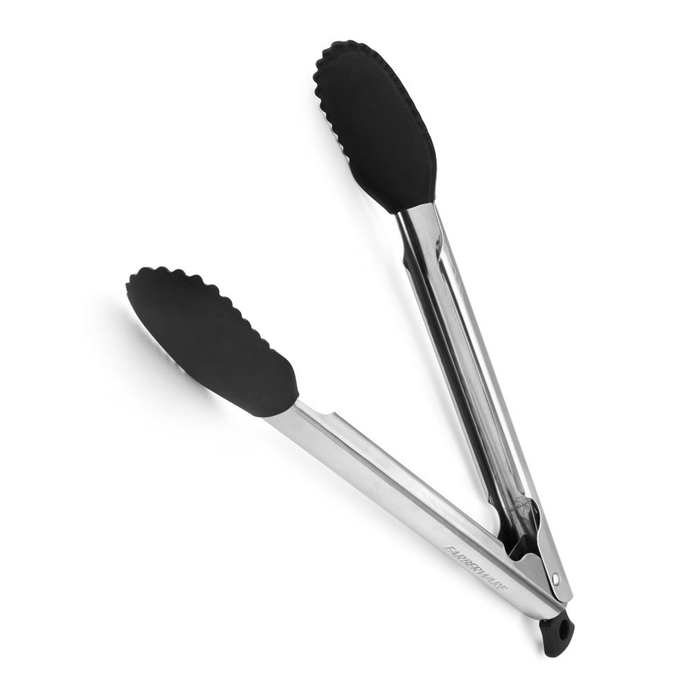 Kitchen Gadgets For Cooking - シリコンチップ付きフードトング 11インチ ブラック ステンレス製 キッチン調理用 BBQサービングツール