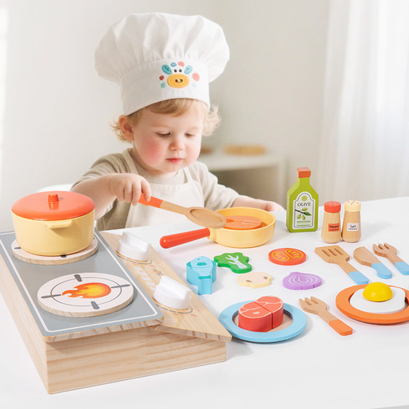 Kitchen Gadgets Kids - モンテッソーリ早期教育木製子供用シミュレーションキッチンごっこ遊び野菜肉ご飯炊き器セットツール付き女の子向けおもちゃ