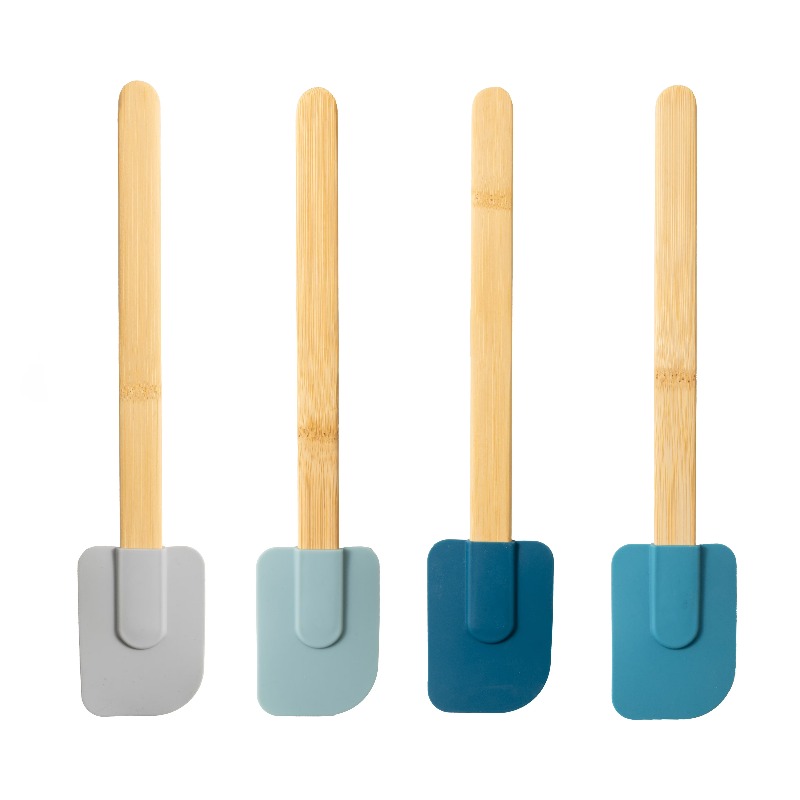 Silicone Spatula Set - カラフルなシリコン製スパチュラ4本セット 竹製ハンドル付き ブルー