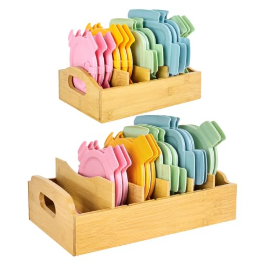 Food Storage Containers - 2パック竹製蓋オーガナイザー、10.6インチ x 8.2インチ/13.2インチ x 10インチ食品保存容器蓋ホルダー、調節可能な仕切り付き、キッチン収納