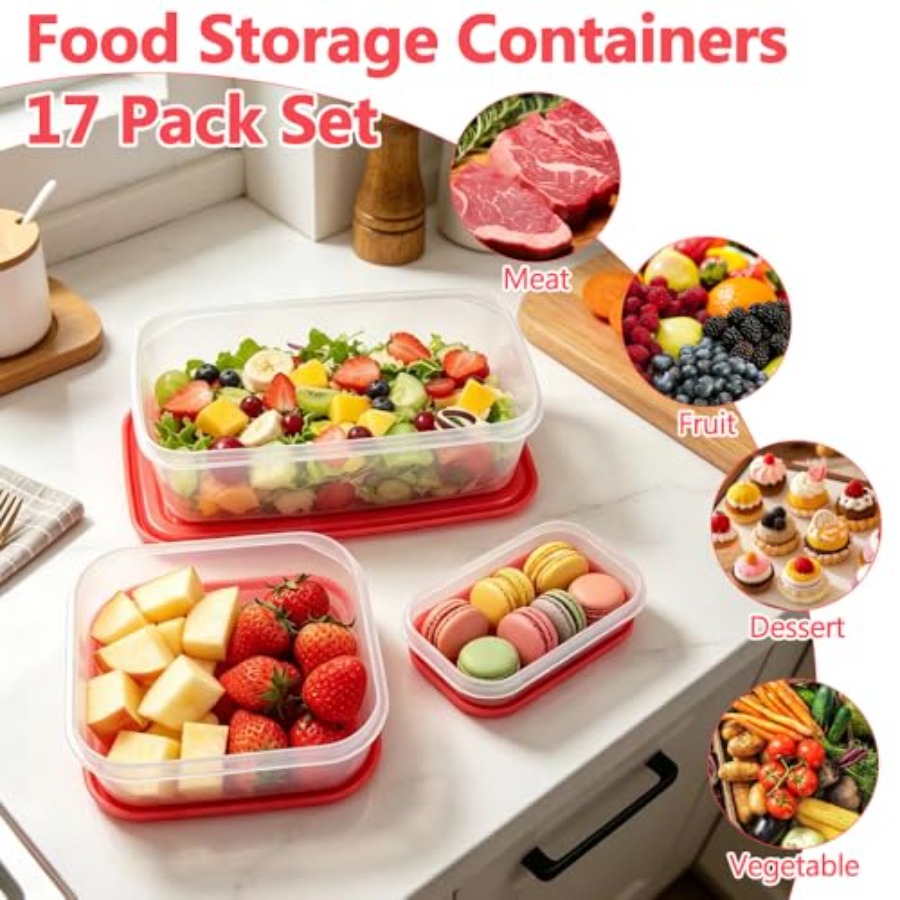 17個入りプラスチック食品保存容器セット、赤い通気蓋付きBP - Food Storage Containers のレビューと価格