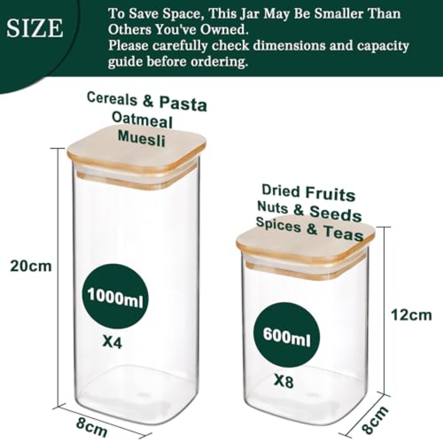 12個入り正方形ガラス保存瓶 竹製蓋付き 0.6クォート/1 - Food Storage Containers のレビューと価格