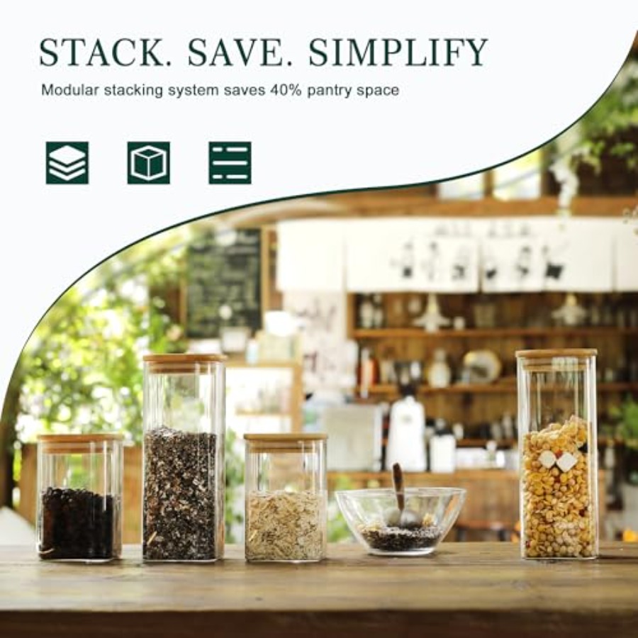 12個入り正方形ガラス保存瓶 竹製蓋付き 0.6クォート/1 - Food Storage Containers のレビューと価格