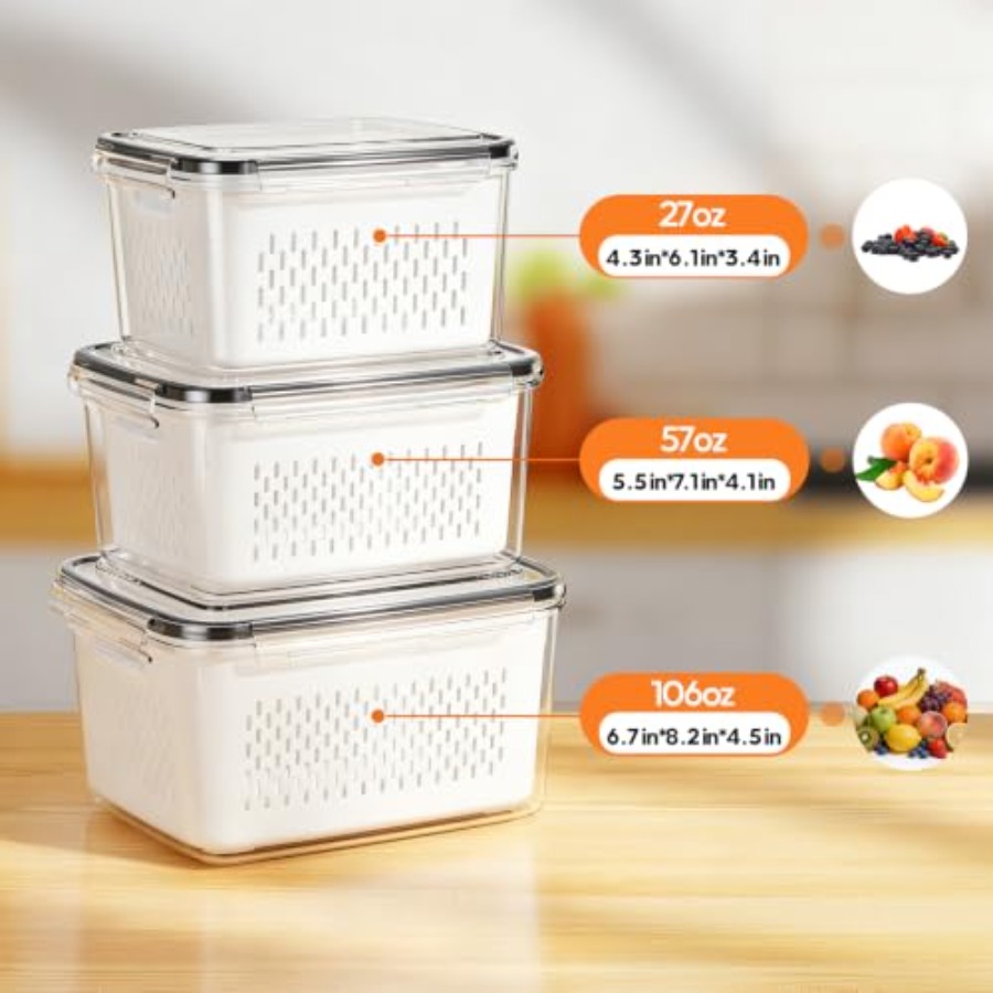 冷蔵庫用フルーツ保存容器 - 取り外し可能な水切り付き3パッ - Food Storage Containers のレビューと価格